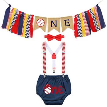 Imagem de FMYFWY Conjunto de decoração de sessão de fotos de beisebol para bebês de 1º aniversário, faixa de banner, suspensório, gravata borboleta, 002 azul-marinho, One Size