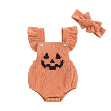 Imagem de FIOMVA Roupas para bebês recém-nascidos My First Halloween Baby Girl Outfit infantil fantasma babados, roupas de outono e inverno, C Macacão de Halloween laranja, 3-6 Meses