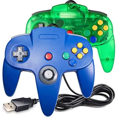 Imagem de Pacote com 2 controles clássicos N64, joystick miadore N64 com fio USB para PC, controle Joy pad com fio USB N64 Bit para Windows, PC, Mac, Linux, Raspberry Pi 3, Sega Genesis (verde claro/azul)