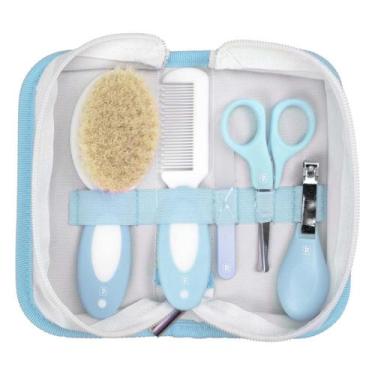 Imagem de Kit Higiene Cuidados Bebê C/ Cerdas Naturais Nécessaire Azul - Pimpolh