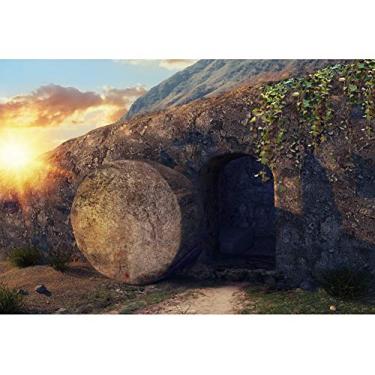 Imagem de Laeacco Jesus is Risen Pano de fundo 3 x 2,4 m Crucificação ao nascer do sol Páscoa Fotografia Fundo Pedra Tumba Paisagem Natureza Montanha Manhã Nuvens Cristianismo Festa Bíblia Noite Santa Adereços