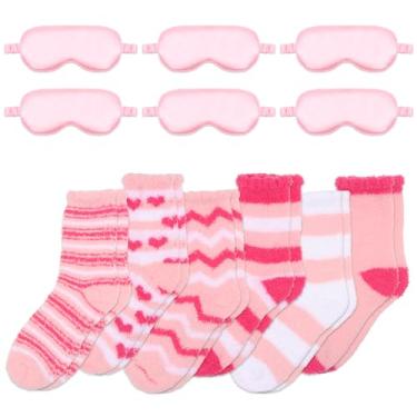 Imagem de ANBALA 12 peças de artigos para festa do pijama, 6 máscaras de cetim para os olhos, 6 meias felpudas, suprimentos para festa do pijama (rosa), rosa