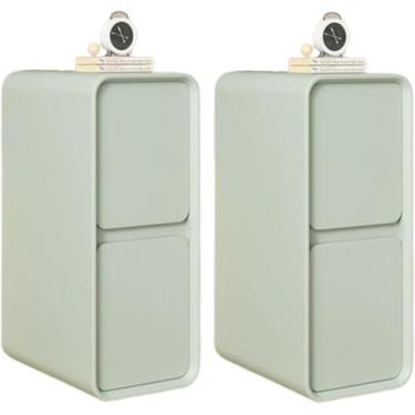 Imagem de Mesa de cabeceira estreita, mesa de cabeceira com 2 gavetas, mesa de canto de madeira para economizar espaço, suporte noturno com acabamento em couro para quarto e sala de estar, verde menta 2 peças,