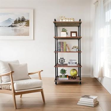 Imagem de Estante aberta industrial, estante de tubos de ferro com madeira maciça, suporte de armazenamento de exibição para sala de estar, cozinha, escritório (marrom desgastado, 74,88 cm C x 30 cm L x 155,88 cm A)