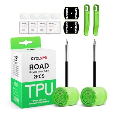 Imagem de CYCLAMI 2Pcs Ultralight 700C Bike Inner Chamber 30G Tpu Road Bicycle Pneu 28'' 700 X 18 23 25 28 30 32C Comprimento da Válvula French 85Mm para Adulto(Inclui 4 Kits de Reparo de Remendo de Câmara de B