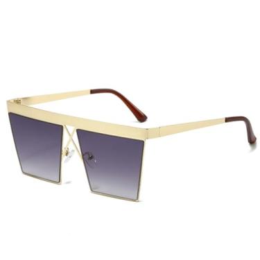 Imagem de JRLLFD Óculos de sol siameses vintage, masculino, feminino, liga, sem aro, grandes, quadrados, retrô, óculos escuros, dourado, gradiente, cinza, tamanho único