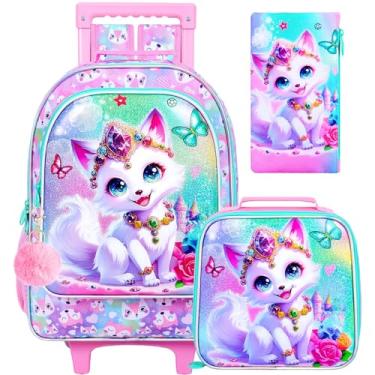 Imagem de ZLYERT 3 unidades de mochila com rodinhas para meninas, mochilas infantis com rodas, unicórnio sereia gato raposa mochila com rodas para escola, Rosa raposa, One Size