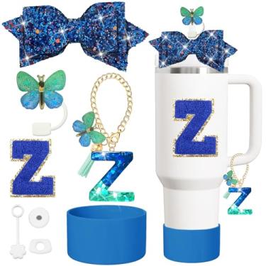 Imagem de XIANGYUAN Conjunto de acessórios de copo de 8 peças, tampa de palha para copo Stanley de 850 g ou 1,134 g, adesivo para decorações Stanley, pingente de letra inicial personalizado (azul Z)