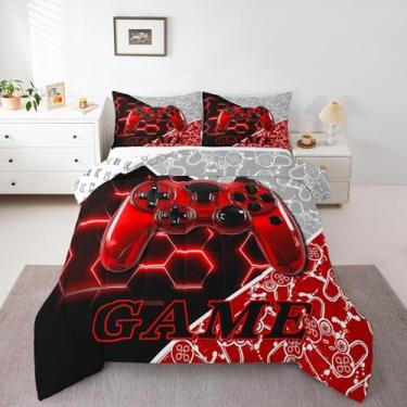 Imagem de Feelyou Jogo de cama gamer, conjunto de edredom para crianças, meninos, meninas, favo de mel, tamanho casal, geométrico, vermelho, branco, 3 peças