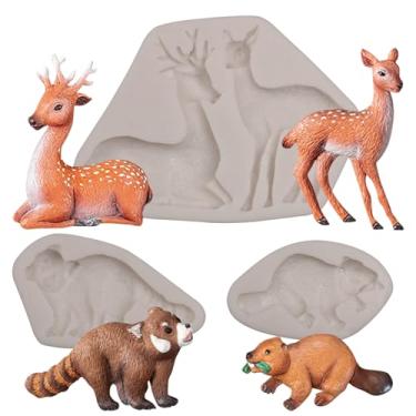 Imagem de Moldes de silicone para animais da floresta, castor, guaxinim, chocolate, alce, sika, veado, molde para decoração de bolos, enfeite de cupcake, doces, açúcar, artesanato, argila, resina, conjunto de 3