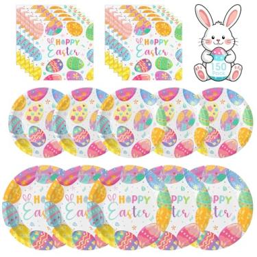 Imagem de Conjunto de 150 artigos para festa de Páscoa, conjunto de utensílios de jantar para festa de Páscoa, inclui pratos de sobremesa resistentes e guardanapos de almoço para decoração de mesa de festa de