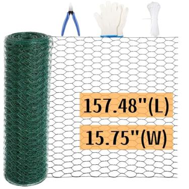 Imagem de Arame de galinha para arranjos florais, malha de arame floral verde de 40 cm x 400 cm, galvanizado hexagonal antiferrugem de 1,5 cm, tela de metal revestida de PVC para artesanato e cercas de jardim