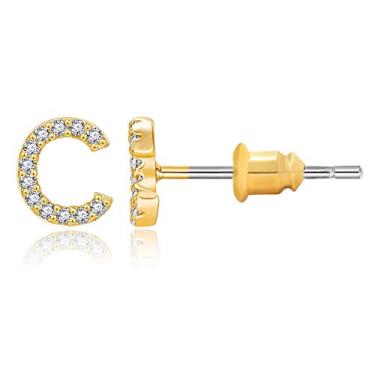 Imagem de Brincos com inicial folheados a ouro 14 K zircônia cúbica brincos de letras pequenas personalizados brincos de pino CZ pequeno para mulheres e meninas Dourado