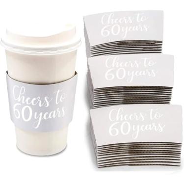 Imagem de Mangas para copo de café, aniversário de 60 anos, serve em papel alumínio de prata de 340 g (pacote com 50)