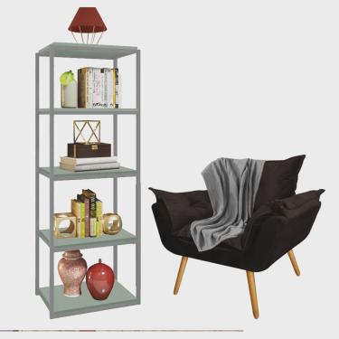 Imagem de Kit Poltrona Fatte com Manta Soft Cinza e Estante Livreiro Ferro Cinza mdf Verde Oliva Suede Marrom - Ahazzo Móveis