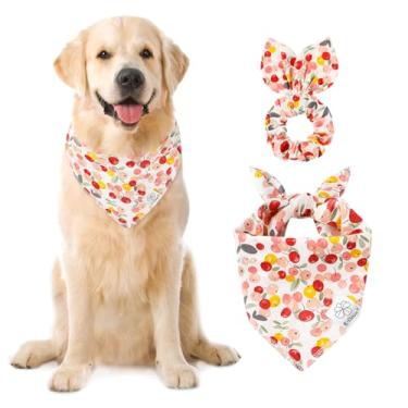 Imagem de E-Clover Bandanas florais rosa para cães e scrunchie combinando, cachecol fofo para cães, babadores, bandana para animais de estimação com gravata borboleta para cães médios e grandes, dona mãe