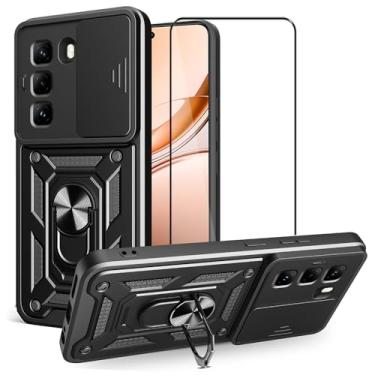 Imagem de CNPUTAO Capa para Infinix Hot 50 Pro 4G com protetor de tela de vidro temperado, janela deslizante para câmera, suporte, capa de telefone de camada dupla antiarranhões à prova de choque, preta