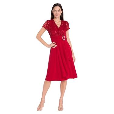 Imagem de Vestido longo em cascata na altura do joelho com modéstia e mangas curtas de renda, Vermelho, 40