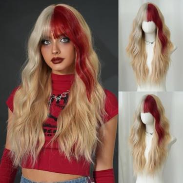 Imagem de 7JHH WIGS Peruca Longa Ondulada Loira Com Mechas Amarelas E Pretas Naturais, 27 Pol., Fibra Sintética Resistente Ao Calor, Cacheada, Loira, Ombré, Franja, Para Mulheres, Meninas, Festa Diária, Natal
