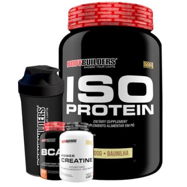 Imagem de Kit Iso Protein 900g + BCAA 4,5g Tangerina 100g + Power Creatina 100g + Coqueteleira - Bodybuilders (Médio, Baunilha)