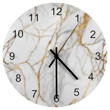 Imagem de LOMADIA Relógio de parede de mármore, silencioso, sem tique-taque, operado por pilha, moderno, abstrato, textura metálica, ouro branco, relógio decorativo para banheiro, cozinha, quarto, sala de estar