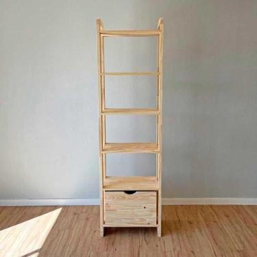 Imagem de Estante 6 Prateleiras de Madeira Pinus Linea Slim com Gaveta Natural -