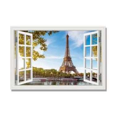 Imagem de NHLDZYH Janela de arte de parede com impressão em tela. Vista de janela falsa. Impressão de imagem natural em tela. Arte de cenário para decoração de sala de estar. (Vista da Torre Eiffel de Paris 17