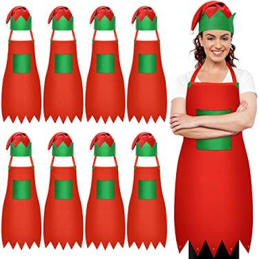 Imagem de 16 peças de avental de elfo de Natal kits vermelho e verde fantasia de elfo para mulheres aventais de Papai Noel chapéus fantasia de festa de Natal, Vermelho, One Size