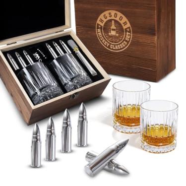 Imagem de Presentes de uísque para homens – Conjunto de copos de uísque com 6 pedras de uísque bala de aço inoxidável, 2 copos à moda antiga, caixa de presente de madeira Bourbon, conjunto de presente premium