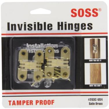 Imagem de SOSS 203CUS4 Dobradiças invisíveis de encaixe com 4 furos, zinco, acabamento em latão acetinado, altura da folha de 3,5 cm, largura da folha, 60 cm de espessura, tamanho do parafuso 15 x 2,5 cm (1