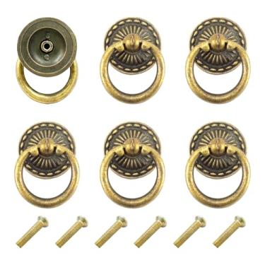Imagem de Chris.W Puxadores vintage de bronze com 6 peças para gaveta, gaveta, gaveta, gaveta, gaveta, puxador único, ferragens decorativas com parafusos para armário de móveis (redondo)