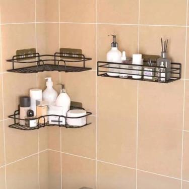 Imagem de Kit 4 Suporte Prateleira Porta Shampoo de Canto Com Adesivo Organizador Multiuso Preto(Kit 1 Reta + 2 Canto)