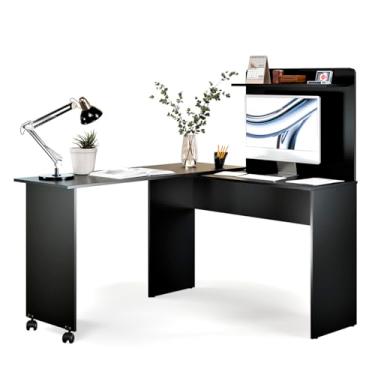 Imagem de Escrivaninha em L 2 em 1 com Rodízios e Prateleira (Preto)