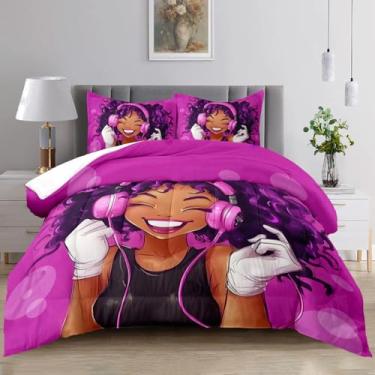 Imagem de Raphus cucullatus Conjunto de edredom solteiro para meninas negras, paris, conjunto de edredom fofo, tamanho solteiro, kawaii, roxo, paris, decoração de quarto