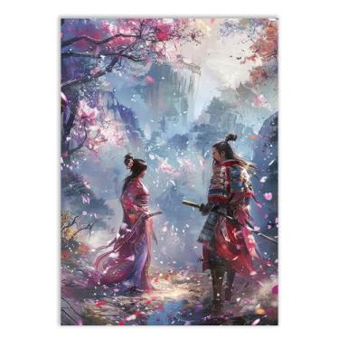Imagem de Placa Decorativa Casal Samurai Cerejeira Japão Decoração Poster Quarto Sala