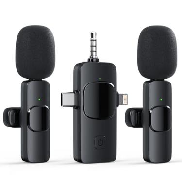 Imagem de Microfone de lapela 3 em 1 sem fio para iPhone, câmera Android, USB-C, minimicrofone sem fio com cancelamento de ruído para YouTube, gravação de vídeo, transmissão ao vivo de jogos, entrevistas