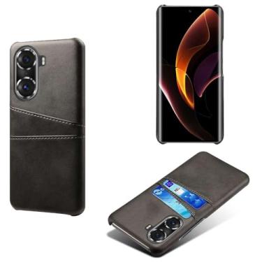 Imagem de Capas Compatível com Honor 60 Pro,Caso de couro PU-Tampa de telefone a prova de choque com 2 slots de cartão,Proteção anti-impressão digital e anti-gota-Black