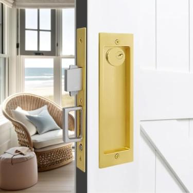 Imagem de Fechadura de porta de bolso de privacidade, fechadura de porta deslizante, alças ocultas, trava com interruptor de salto automático de pressão, liga de zinco (ouro, com chaves)