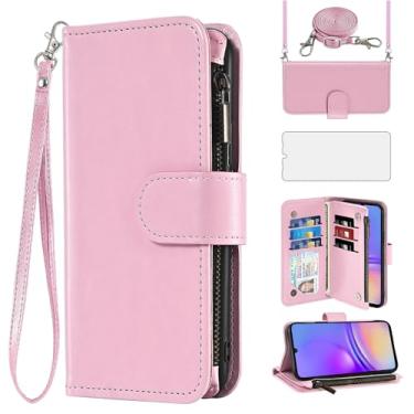 Imagem de Asuwish Capa de celular para Samsung Galaxy A05 carteira com protetor de tela alça transversal flip zíper suporte para cartão de crédito de vidro temperado suporte para cordão móvel Ao5 A 05 mulheres