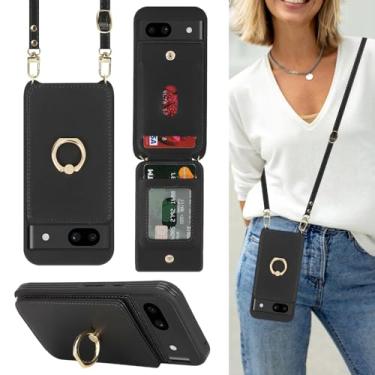 Imagem de Lipvina Capa para Google Pixel 8A com suporte de cartão e alça para mulheres, cordão transversal, suporte de anel, fecho de pressão, capas carteira de telefone 6,1 polegadas (preta)