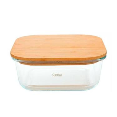 Imagem de Pote Hermético Vidro Refratário Travessa Tampa Bambu 500ml Quadrado - 