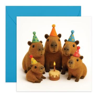 Imagem de CENTRAL 23 Cartão de aniversário Capybara – Design de feltro fofo com chapéus de festa e bolo – Cartão adorável para ela, ele, sobrinho, amigos, família, crianças – Sopre a vela - Vem com adesivos