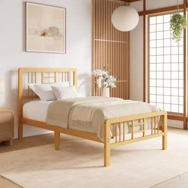 Imagem de Hunlostten Estrutura de cama de solteiro de madeira de bambu de 25,4 cm de altura com cabeceira e pé, estrutura de cama de plataforma tamanho solteiro com suporte de ripas de aço, resistente, sem