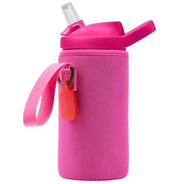 Imagem de Linkidea Manga para garrafa de água compatível com CamelBak Eddy+ Tritan 397 g, garrafa infantil de aço de 340 g, bolsa com suporte para garrafa de água com etiqueta de nome, rosa vermelha
