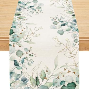 Imagem de Siilues Caminho De Mesa Primavera, Decorações Em Branco-Sujo, Folhas Eucalipto, Verde, Decoração Sazonal Estopa Para O Verão, Feriado Jantar (33 Cm X 228 Cm)