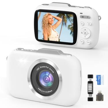 Imagem de GWAEPU Câmeras digitais 4K para vlogging: Câmera de viagem pequena compacta de 64 MP com zoom 18X 32G TF e tela de 2,8 polegadas para crianças, iniciantes, adolescentes, adultos, meninas, branca