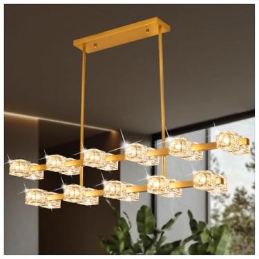 Imagem de Huaouou Luminária pendente de sala de jantar com 22 cabeças de cristal moderno dourado de 122 cm, luz de teto de camada dupla semi-embutida, adequada para ilha de cozinha, fazenda, sala de jantar
