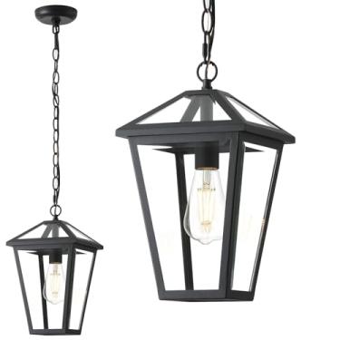 Imagem de GOALPLUS Luminária pendente externa de 34,5 cm - Lanterna suspensa de fazenda com vidro transparente, luminária de teto externa preta para varanda, entrada e hall de entrada, construção de alumínio