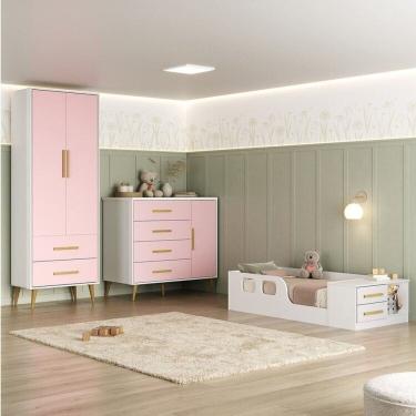 Imagem de Quarto Infantil com Guarda-roupa, Cômoda e Cama Magia Espresso Móveis Branco/Rosa