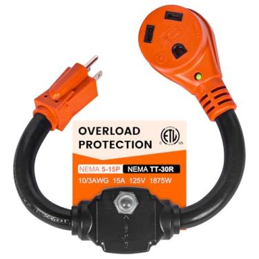 Imagem de Gociean Protetor de sobrecarga Adaptador RV de 30 a 110 volts com disjuntor, adaptador doméstico de 30 a 15 Amp / 20 Amp, adaptador doméstico NEMA 5-15P para NEMA TT-30R com indicador de energia LED